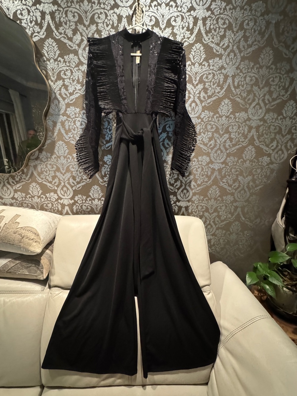 Monaco Black Long-Sleeve plunge jumpsuit with Waist Tie